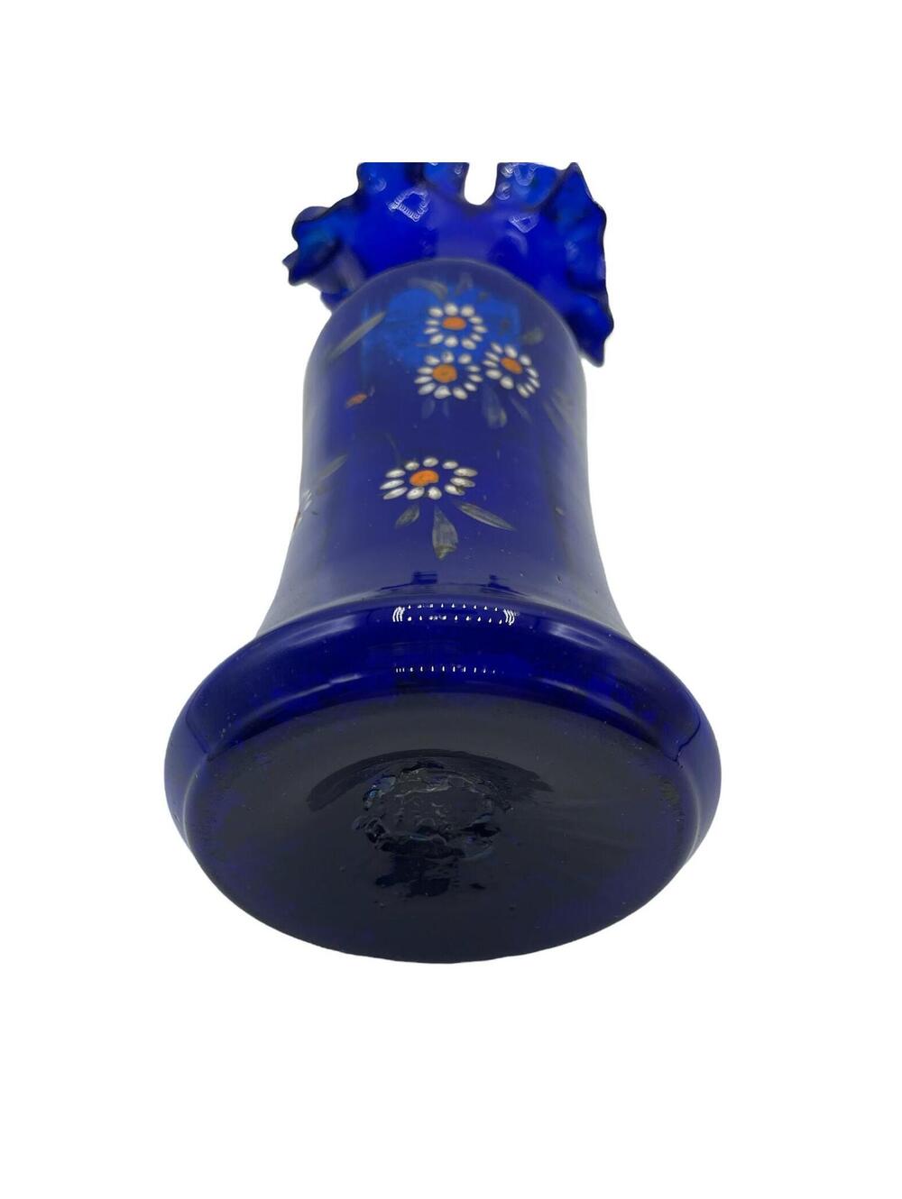 Vintage Cobalt Blue Glass Vase: Hand-Painted Flowers, Ruffle Rim - Picture 9 of 9